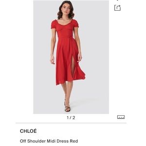 Chloe B x NA-KD Off Shoulder Midi Dress with Slit
